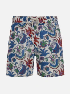 MC2 Saint Barth Man Mid-length Linen Swim-shorts Gustavia With Flower Print