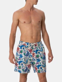 MC2 Saint Barth Man Mid-length Linen Swim-shorts Gustavia With Flower Print -MC2 Saint Barth Shop UID GUS000804232F MAN SWIMSHORT WHITE LINEN 1