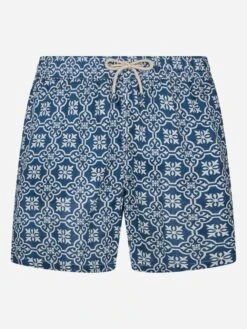 MC2 Saint Barth Man Mid-length Linen Swim-shorts Gustavia With Majolica Print