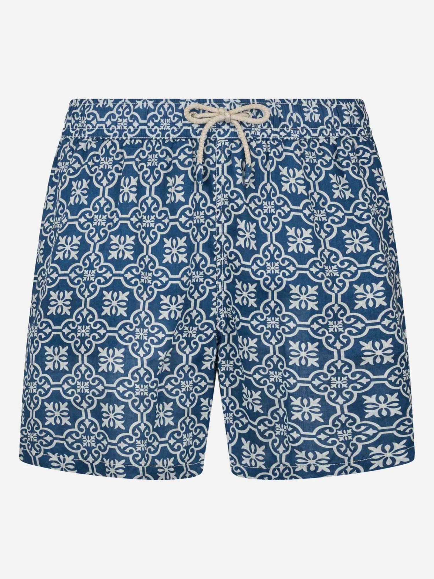 MC2 Saint Barth Man Mid-length Linen Swim-shorts Gustavia With Majolica Print 3 MC2 Saint Barth Man Mid-length Linen Swim-shorts Gustavia With Majolica Print
