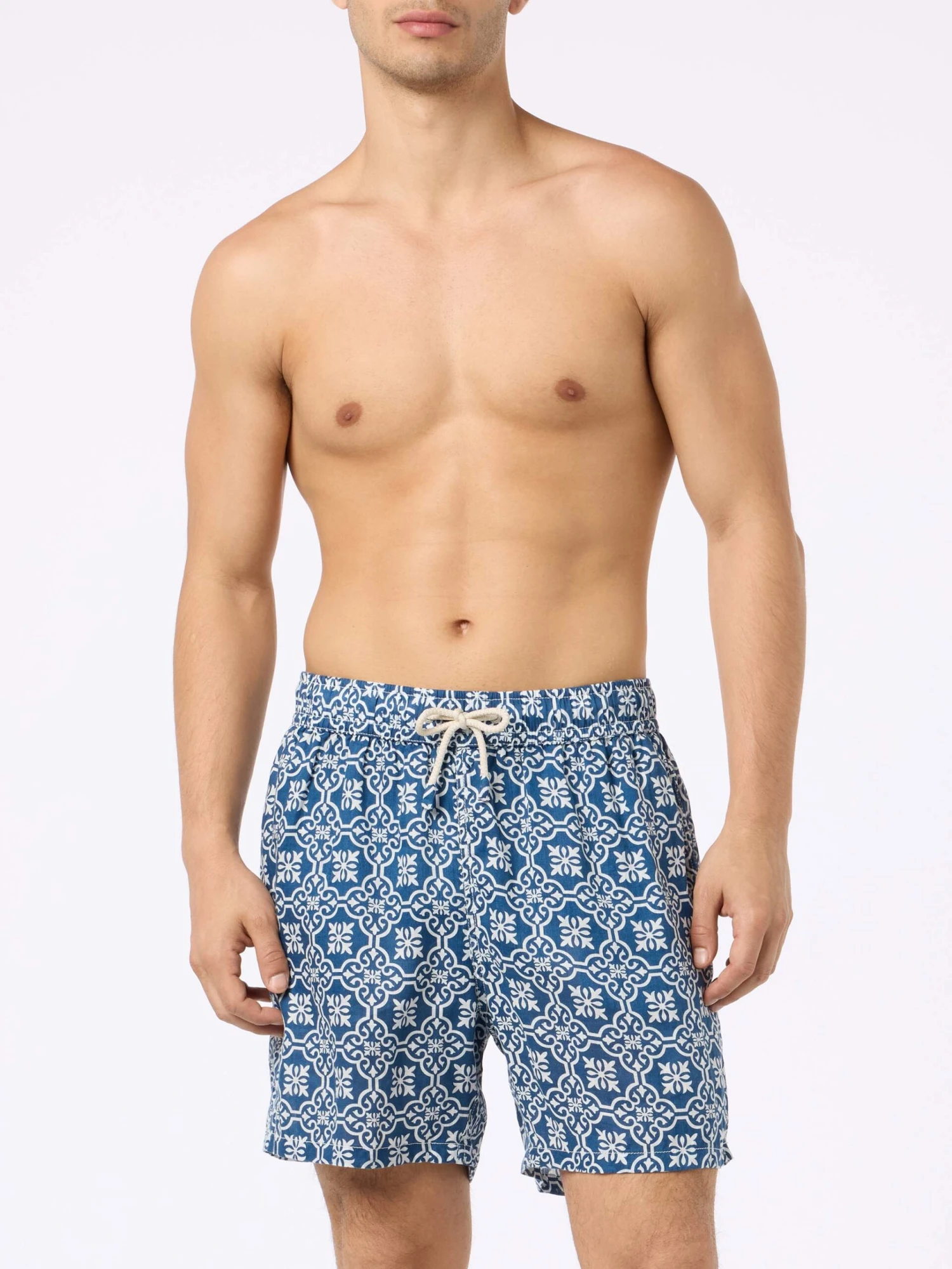 MC2 Saint Barth Man Mid-length Linen Swim-shorts Gustavia With Majolica Print 5 MC2 Saint Barth Man Mid-length Linen Swim-shorts Gustavia With Majolica Print - Image 3