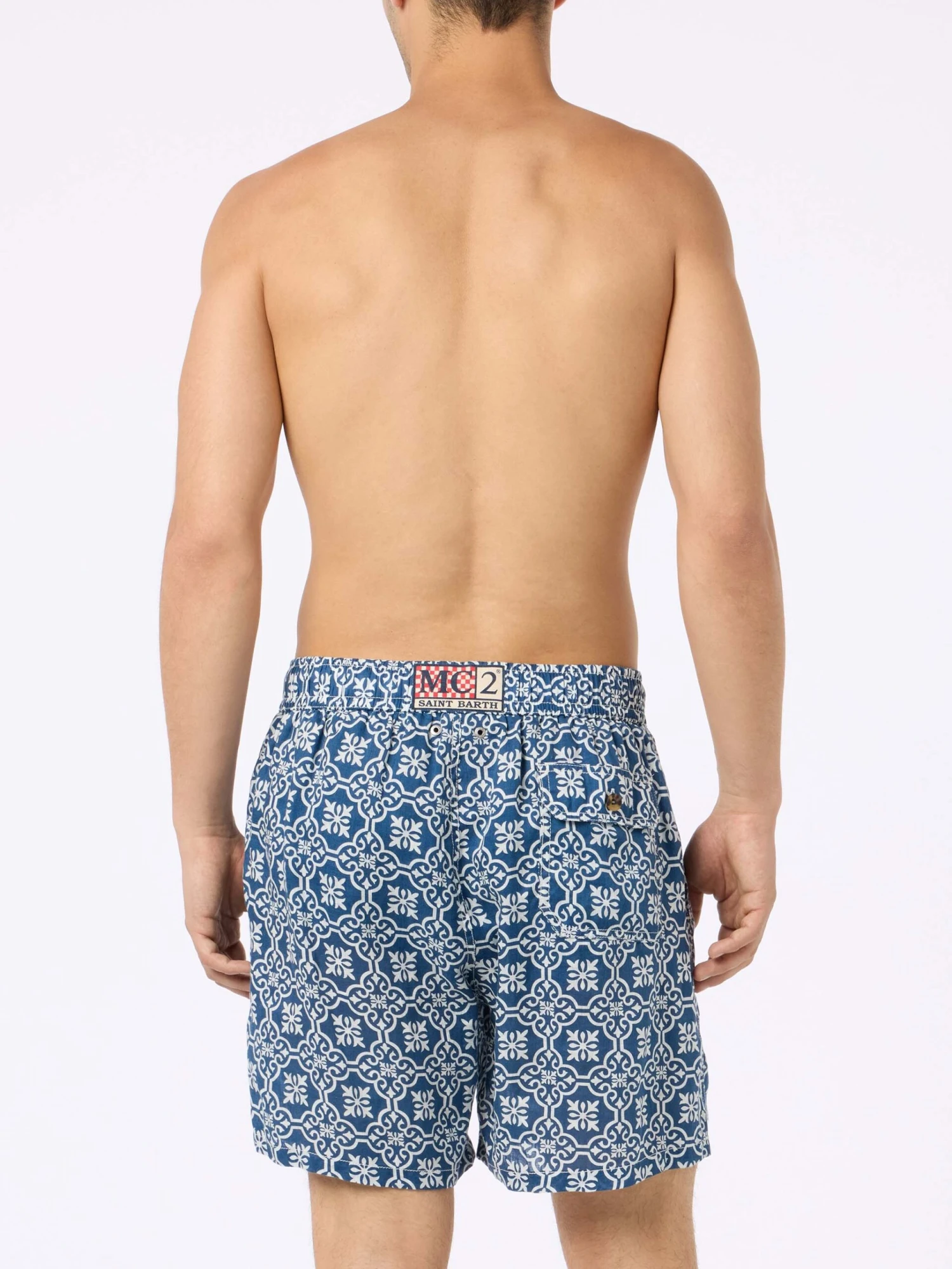 MC2 Saint Barth Man Mid-length Linen Swim-shorts Gustavia With Majolica Print 6 MC2 Saint Barth Man Mid-length Linen Swim-shorts Gustavia With Majolica Print - Image 4