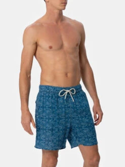 MC2 Saint Barth Man Mid-length Linen Swim-shorts Gustavia With Sashiko Print -MC2 Saint Barth Shop UID GUS000804243F MAN SWIMSHORT BLUE LINEN 1