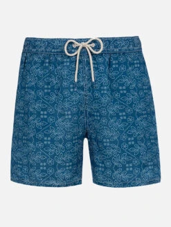 MC2 Saint Barth Man Mid-length Linen Swim-shorts Gustavia With Sashiko Print