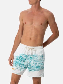 MC2 Saint Barth Man Mid-length Gustavia Swim-shorts With Cannes Placed Print -MC2 Saint Barth Shop UID GUS000903662F MAN SWIMSHORT WHITE 01