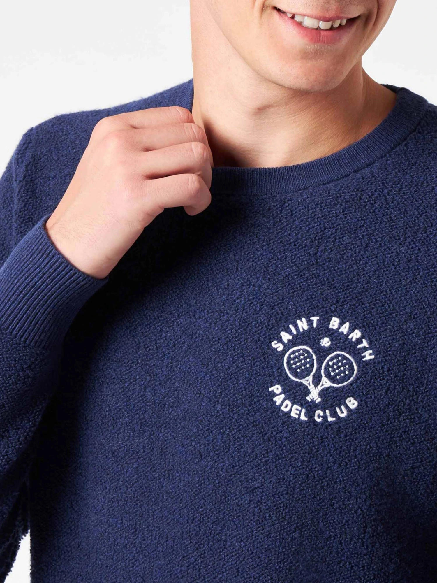 MC2 Saint Barth Man Crewneck Bluette Bouclé Sweater With Saint Barth Padel Club Embroidery 3 MC2 Saint Barth Man Crewneck Bluette Bouclé Sweater With Saint Barth Padel Club Embroidery