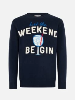 MC2 Saint Barth Man Blue Sweater Heron With Weekend Be Gin Jacquard -MC2 Saint Barth Shop UID HER000100976G MAN KNITWEAR BLUE 20240905103500 1