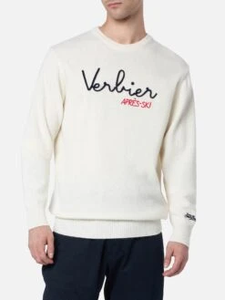 MC2 Saint Barth Man White Sweater Heron With Verbier Apres Ski Embroidery