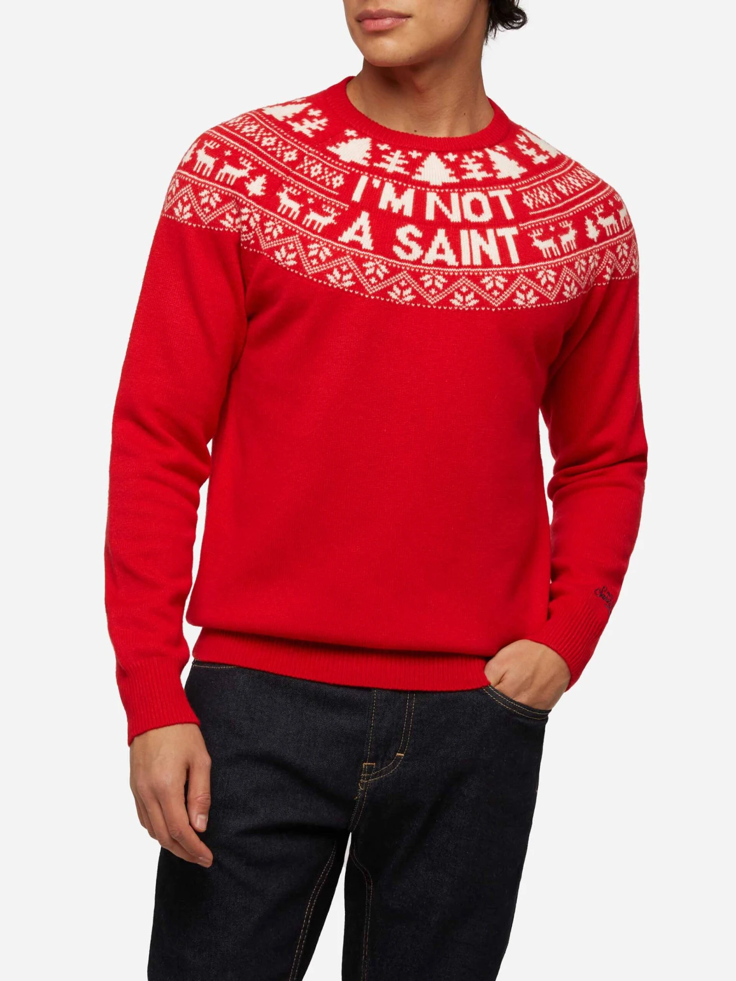 MC2 Saint Barth Red Sweater Heron With Fair Isle Jacquard And I'm Not A Saint Jacquard 3 MC2 Saint Barth Red Sweater Heron With Fair Isle Jacquard And I'm Not A Saint Jacquard