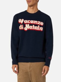 MC2 Saint Barth Man Blue Sweater Heron With Vacanze Di Natale Logo Jacquard | VACANZE DI NATALE SPECIAL EDITION