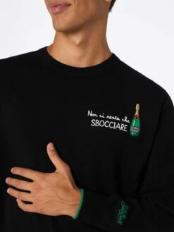 MC2 Saint Barth Man Black Sweater Heron With Non Ci Resta Che Sbocciare Embroidery