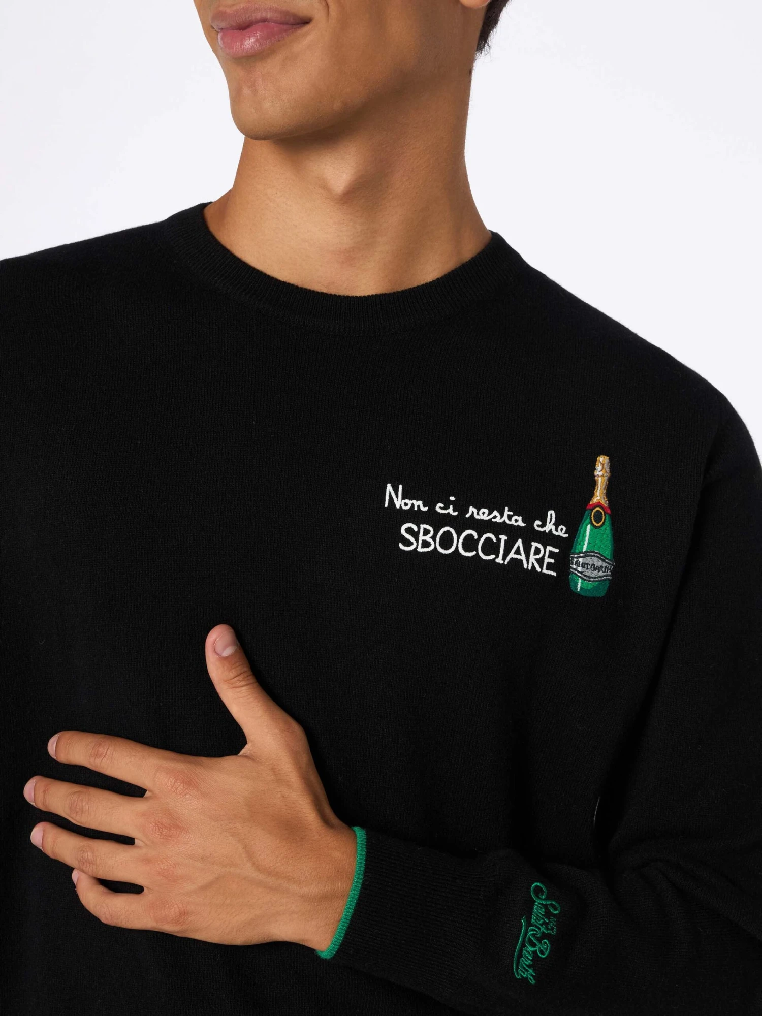 MC2 Saint Barth Man Black Sweater Heron With Non Ci Resta Che Sbocciare Embroidery 3 MC2 Saint Barth Man Black Sweater Heron With Non Ci Resta Che Sbocciare Embroidery