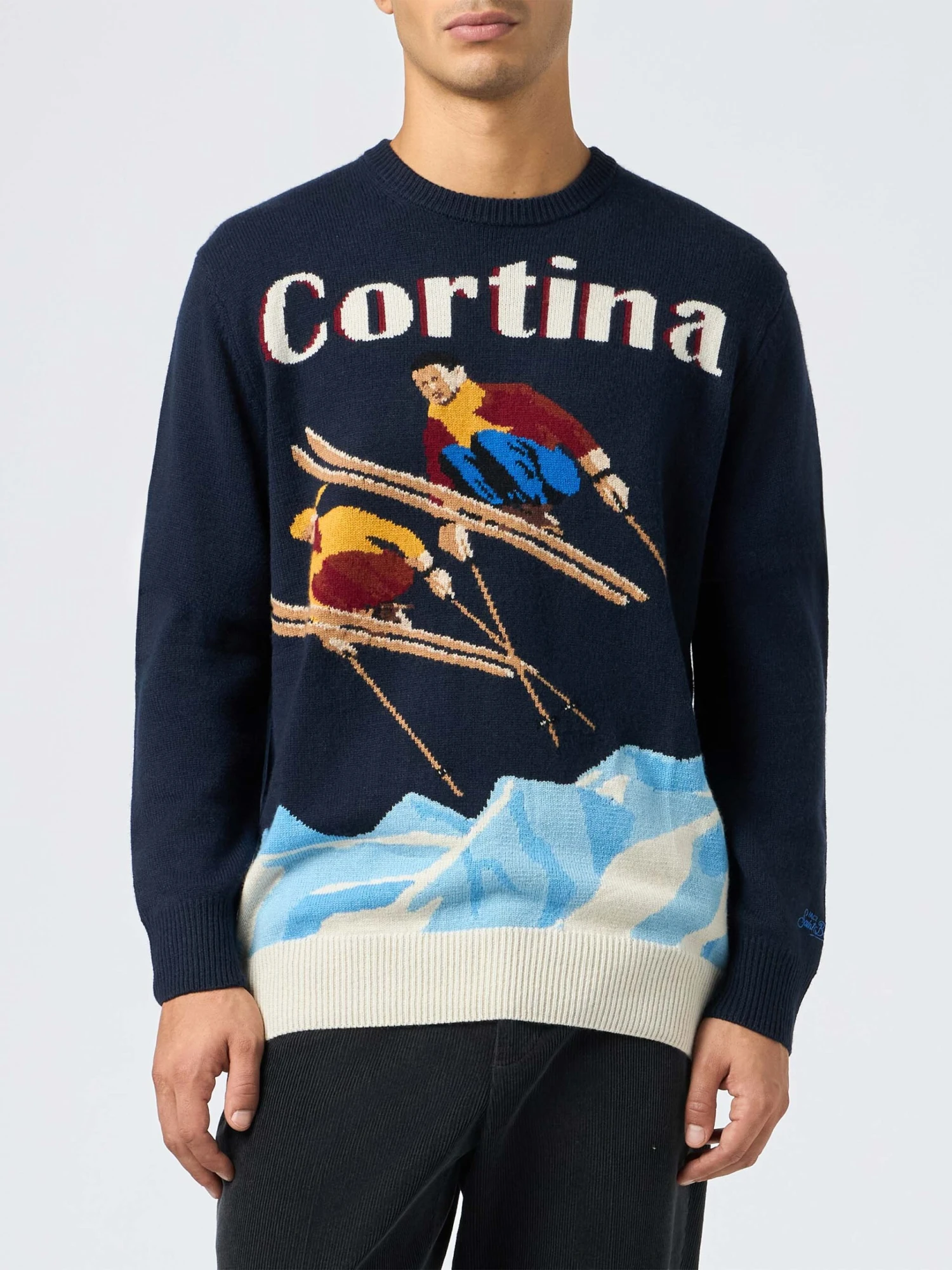 MC2 Saint Barth Man Blue Sweater Heron With Cortina Ski Postcard Jacquard 3 MC2 Saint Barth Man Blue Sweater Heron With Cortina Ski Postcard Jacquard