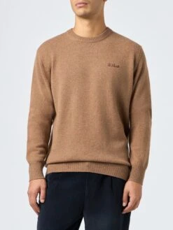 MC2 Saint Barth Man Crewneck Camel Lambswool Sweater With St. Barth Embroidery