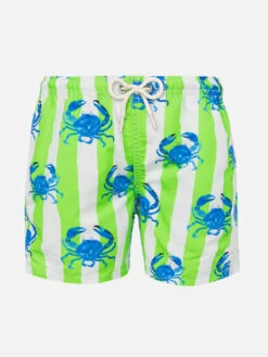 MC2 Saint Barth Boy Swim Shorts With White And Green Stripes And Crabs Print