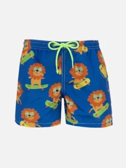 MC2 Saint Barth Boy Mid-length Jean Swim-shorts With Skating Leo Print