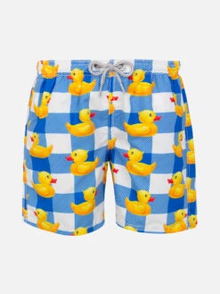 Boy Swim Shorts With Gingham With Ducky Print