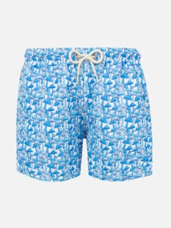 MC2 Saint Barth Boy Light Fabric Swim Shorts With Light Blue Mushrooms Print
