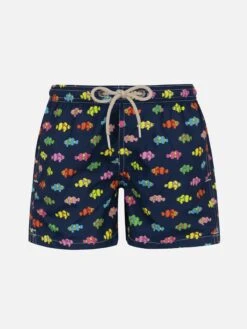 MC2 Saint Barth Boy Lightweight Fabric Swim-shorts Jean Lighting With Fishes Print