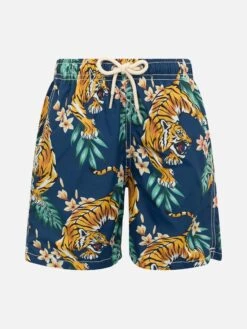 MC2 Saint Barth Boy Lightweight Fabric Swim-shorts Jean Lighting With Tropical Print