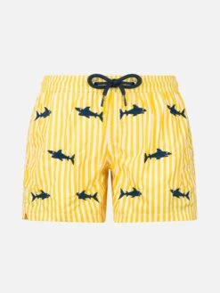 MC2 Saint Barth Boy Seersucker Swim-shorts Jean With Sharks Embroidery