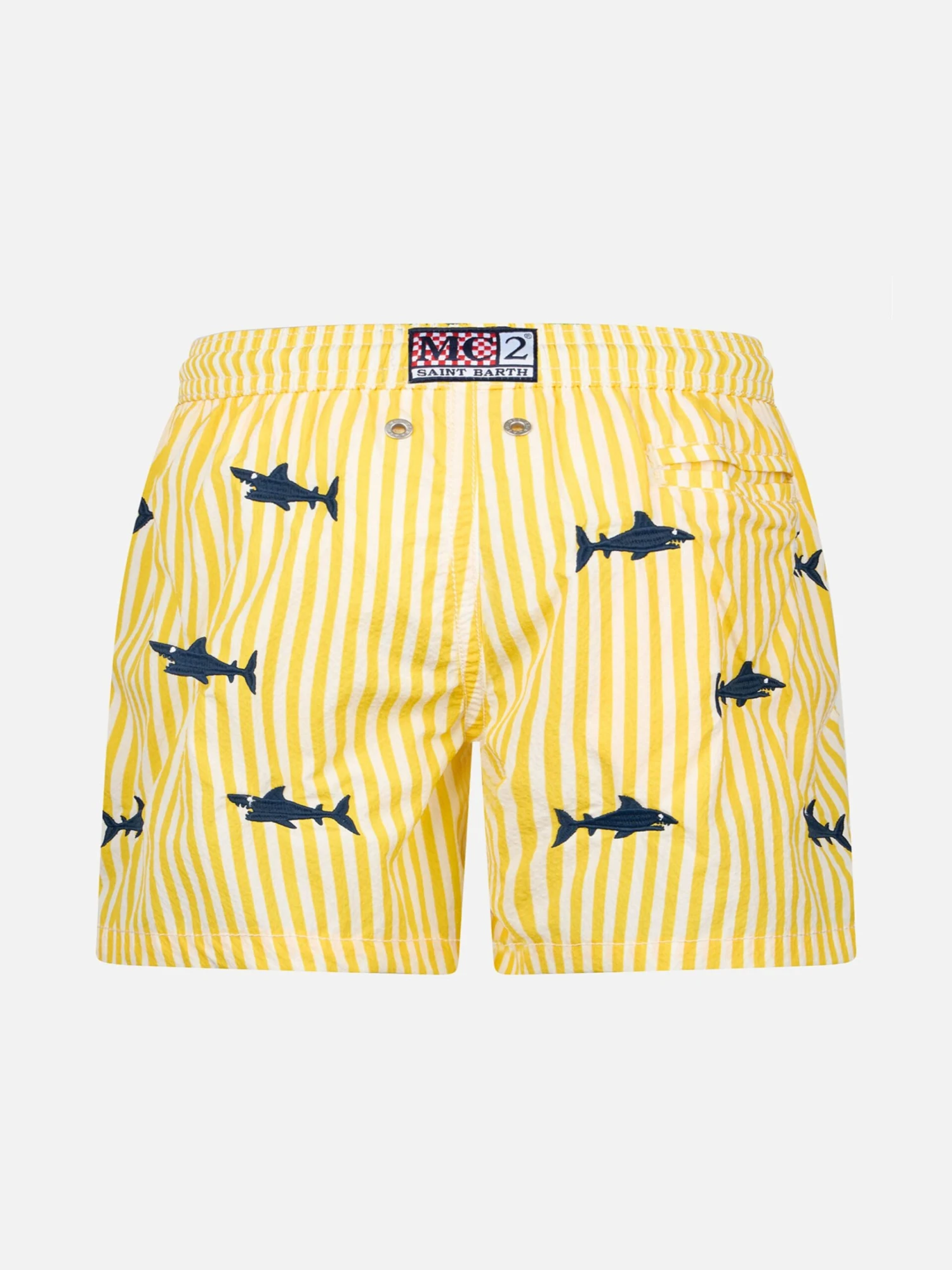 MC2 Saint Barth Boy Seersucker Swim-shorts Jean With Sharks Embroidery 4 MC2 Saint Barth Boy Seersucker Swim-shorts Jean With Sharks Embroidery - Image 2