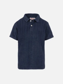 MC2 Saint Barth Boy Navy Blue Terry Polo Shirt Jeremy Jr With Striped Embossed Pattern