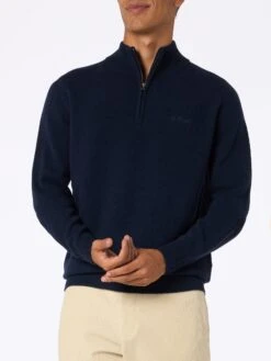 MC2 Saint Barth Man Quarter-zip Lambswool Blue Sweater Jermyn