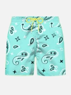 MC2 Saint Barth Man Light Fabric Swim Shorts With Water Green Paisley Print