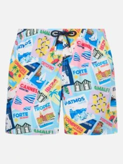 MC2 Saint Barth Lightweight Fabric Swim Shorts Lighting With Postcards Print