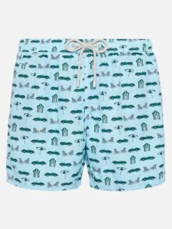 MC2 Saint Barth Lightweight Fabric Swim Shorts Lighting With Cars And Beach Cabana Print