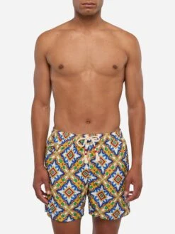 MC2 Saint Barth Man Light Fabric Swim Shorts With Majolica Print -MC2 Saint Barth Shop UID LIG001302483B MAN SWIMSHORT WHITE MC2 MC2 20250704170012 1