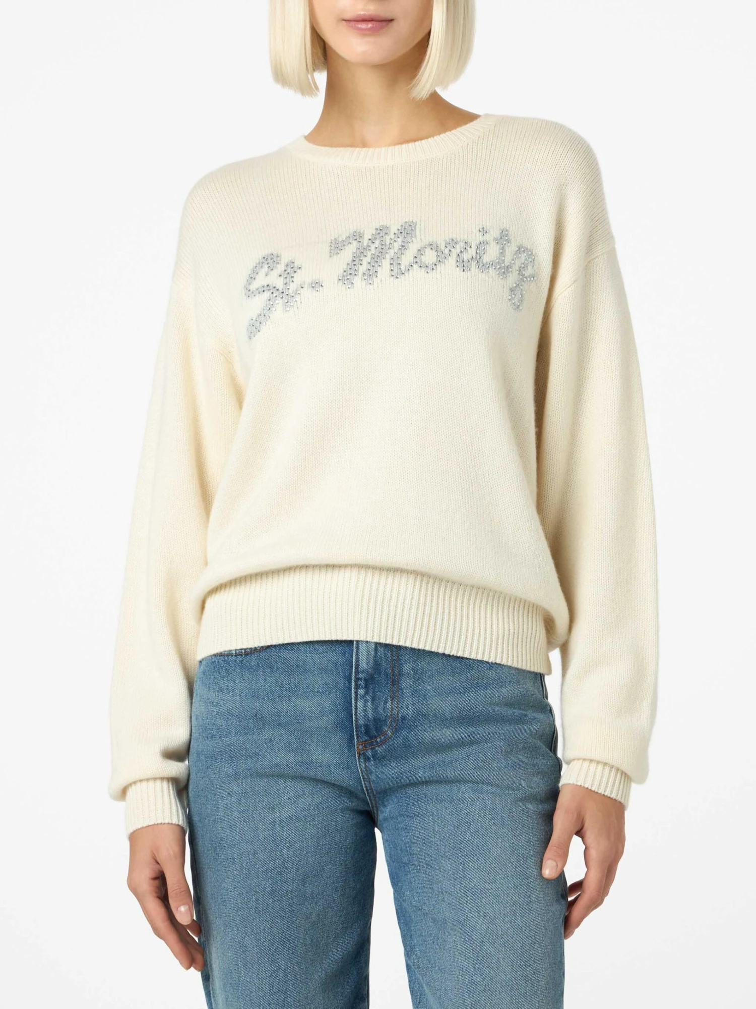 MC2 Saint Barth Woman White Sweater Louise With St. Moritz Rhinestones Embellishment | ST. MORITZ TOP OF THE WORLD SPECIAL EDITION 3 MC2 Saint Barth Woman White Sweater Louise With St. Moritz Rhinestones Embellishment | ST. MORITZ TOP OF THE WORLD SPECIAL EDITION