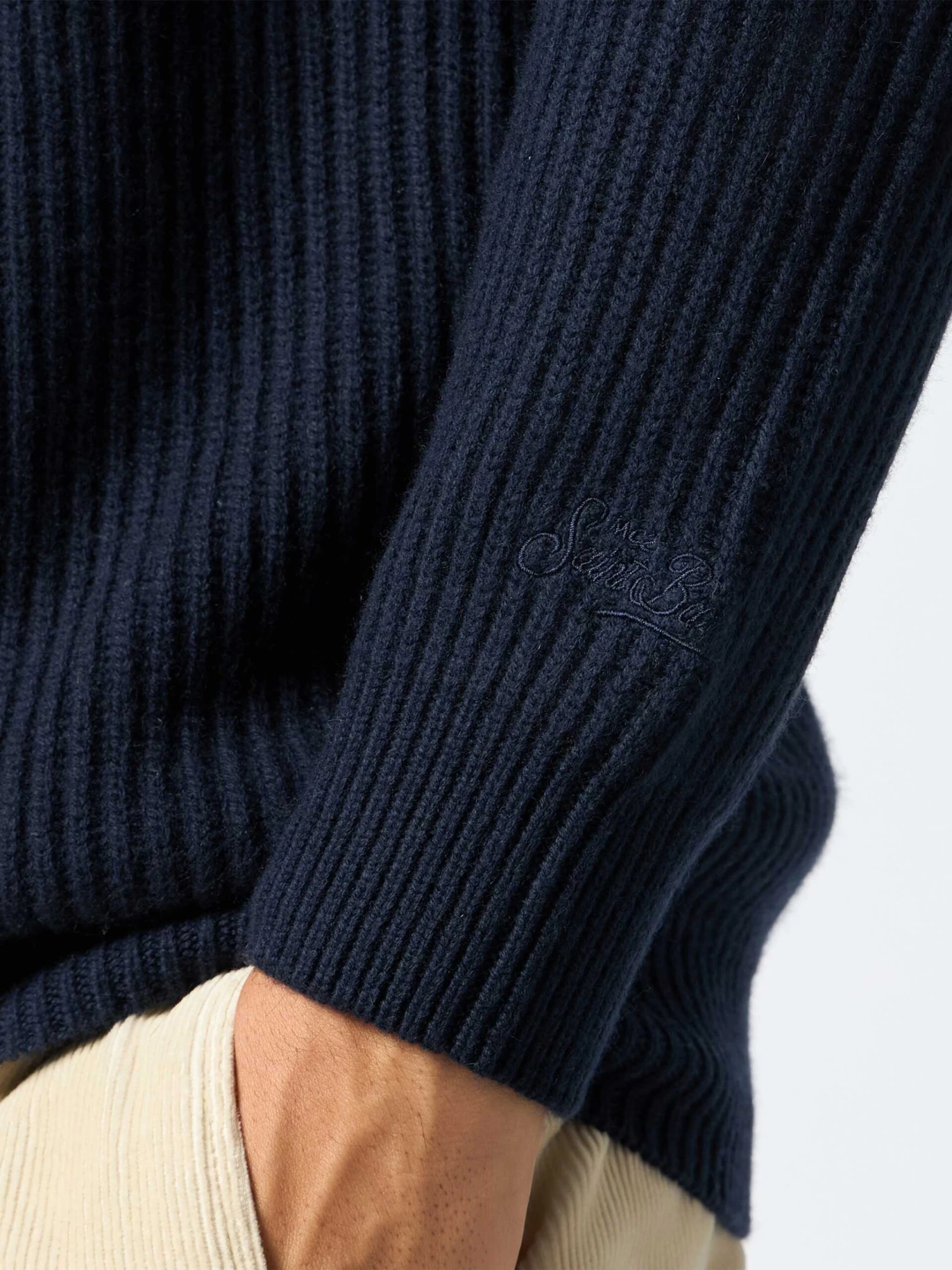 MC2 Saint Barth Man Navy Blue Cashmere Blend Ribbed Sweater Marine 5 MC2 Saint Barth Man Navy Blue Cashmere Blend Ribbed Sweater Marine - Image 3