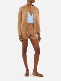 MC2 Saint Barth Meredith Camel Linen Classic Shirt -MC2 Saint Barth Shop UID MDH00102171H WOMAN SHIRT BROWN PLAINCOLOR MC2 4