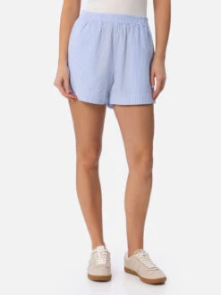 MC2 Saint Barth Meave Seersucker Cotton Pull-up Shorts With Light Blue Striped Print