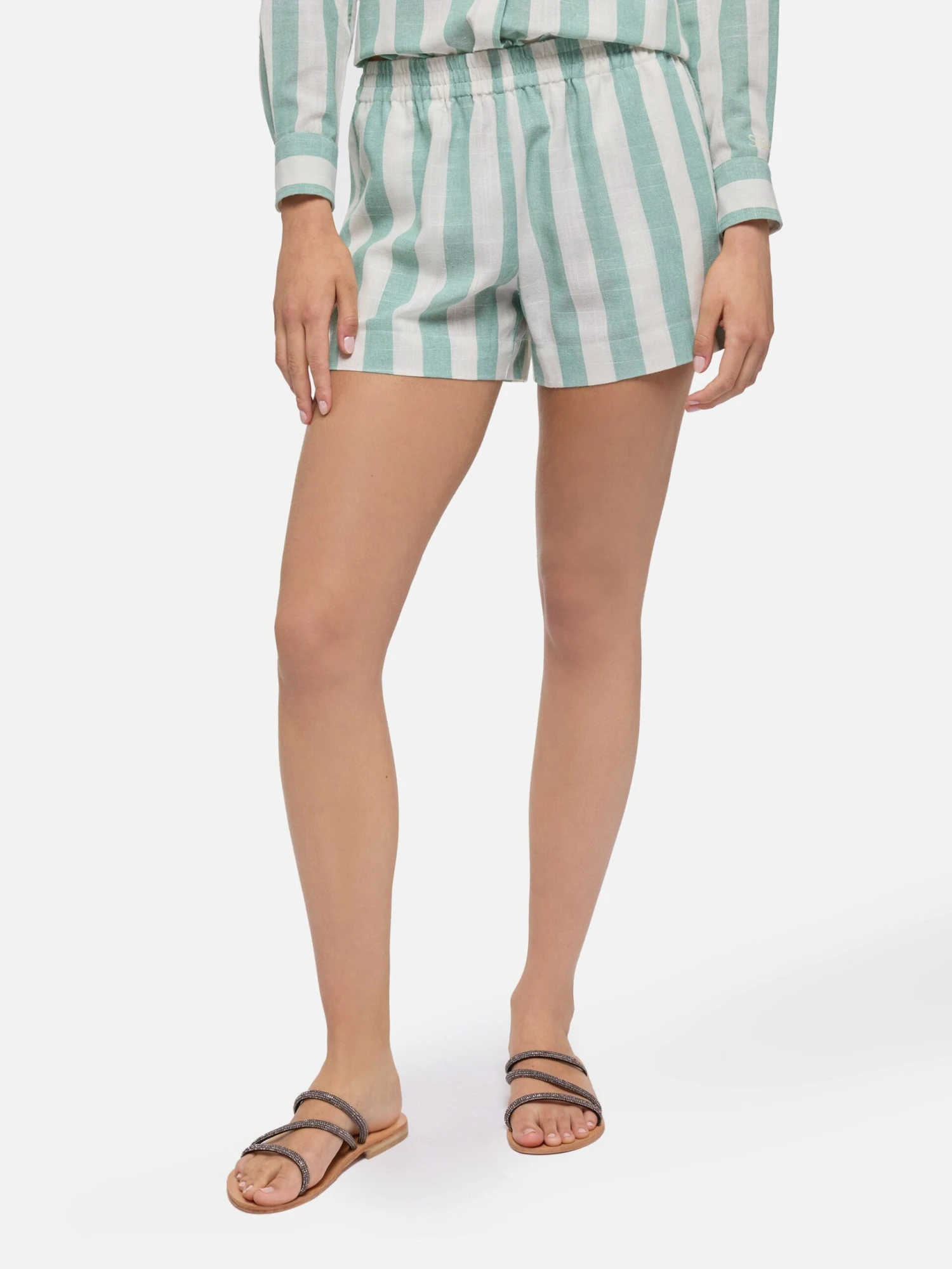 MC2 Saint Barth Meave Cotton Pull Up Shorts With Sage Green Striped Print 3 MC2 Saint Barth Meave Cotton Pull Up Shorts With Sage Green Striped Print