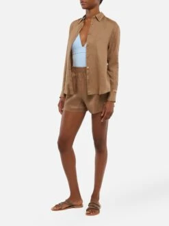 MC2 Saint Barth Meave Camel Brown Linen Pull Up Shorts -MC2 Saint Barth Shop UID MEA00202171H WOMAN SHORTPANT BROWN PLAIN.COLOR 0 5
