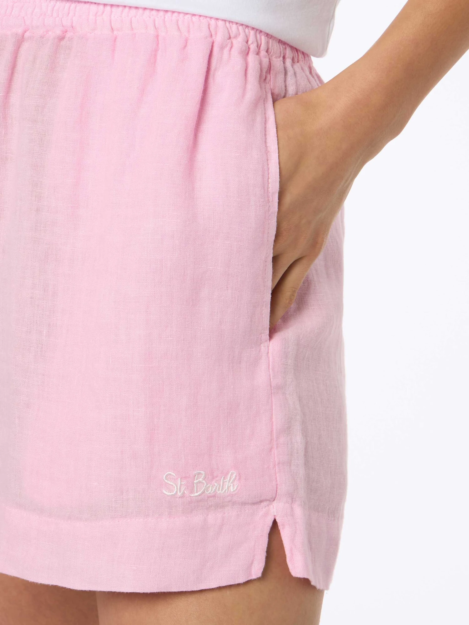 MC2 Saint Barth Woman Pink Linen Pull Up Shorts 5 MC2 Saint Barth Woman Pink Linen Pull Up Shorts - Image 3