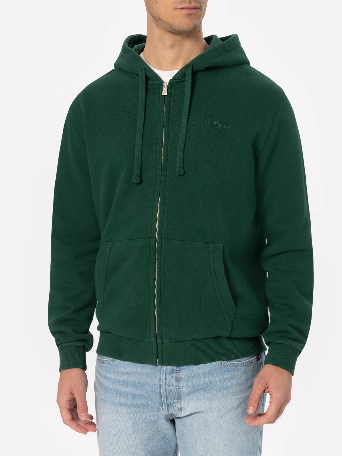 MC2 Saint Barth Man British Green Zipped And Hooded Sweatshirt With St. Barth Embroidery 3 MC2 Saint Barth Man British Green Zipped And Hooded Sweatshirt With St. Barth Embroidery