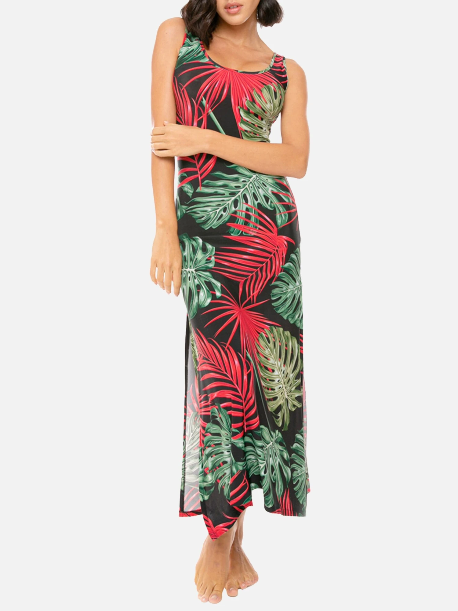 Long Tank Dress Vintage Leaves Print 3 Long Tank Dress Vintage Leaves Print
