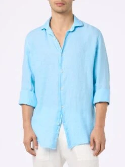 MC2 Saint Barth Man Light Blue Linen Shirt Pamplona