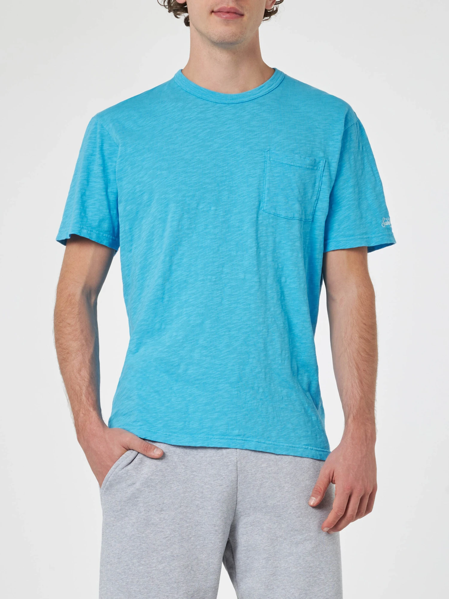 MC2 Saint Barth Man Bluette Flamed Cotton T-shirt President With Embroidery 4 MC2 Saint Barth Man Bluette Flamed Cotton T-shirt President With Embroidery - Image 2