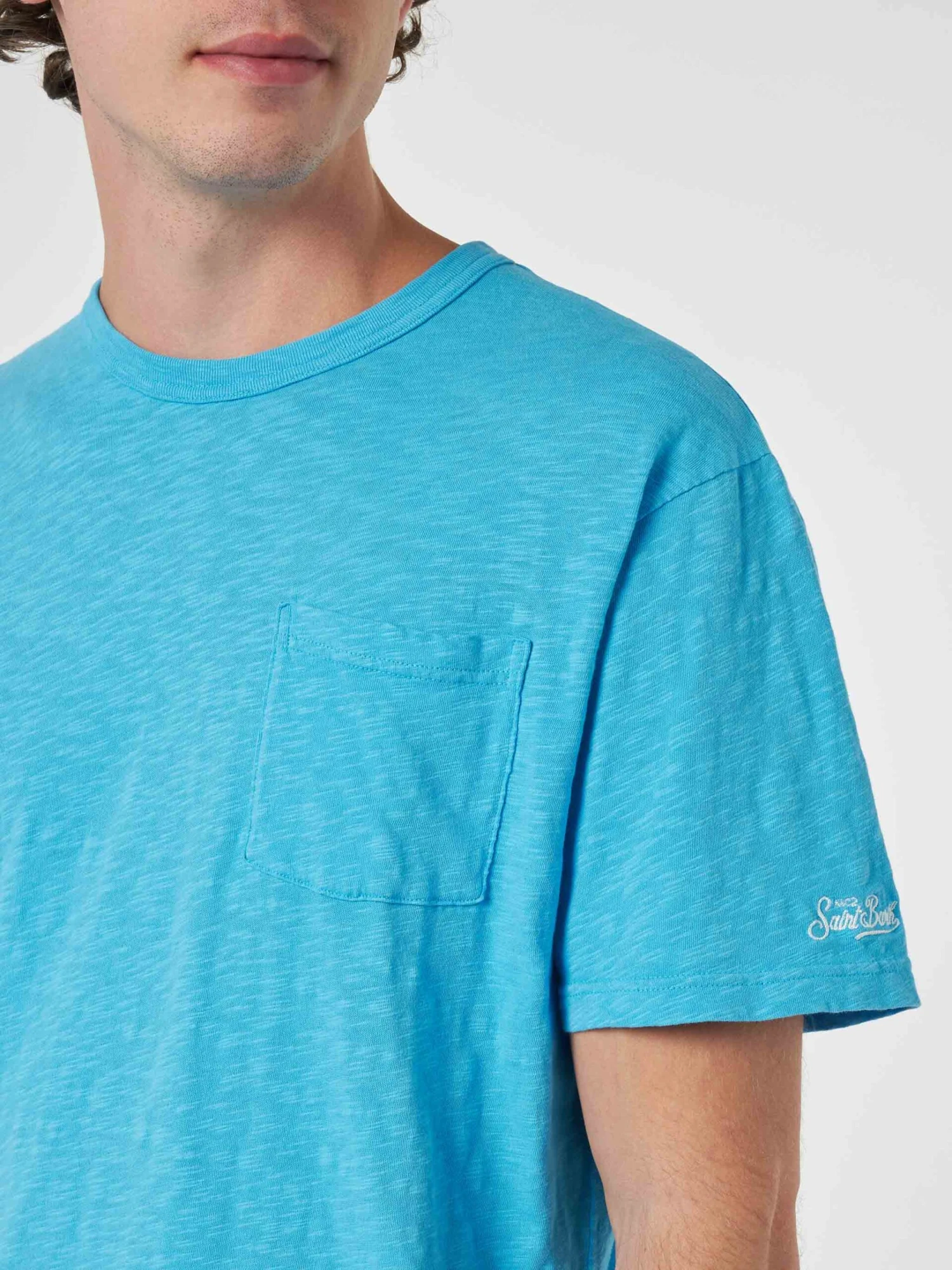 MC2 Saint Barth Man Bluette Flamed Cotton T-shirt President With Embroidery 3 MC2 Saint Barth Man Bluette Flamed Cotton T-shirt President With Embroidery