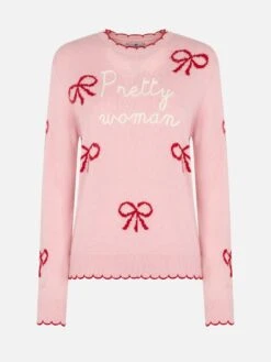 MC2 Saint Barth Woman Pink Sweater New Queen With Pretty Woman Embroidery And Ribbons Print -MC2 Saint Barth Shop UID QUE001400464G STBW KNITWEAR PINK 1