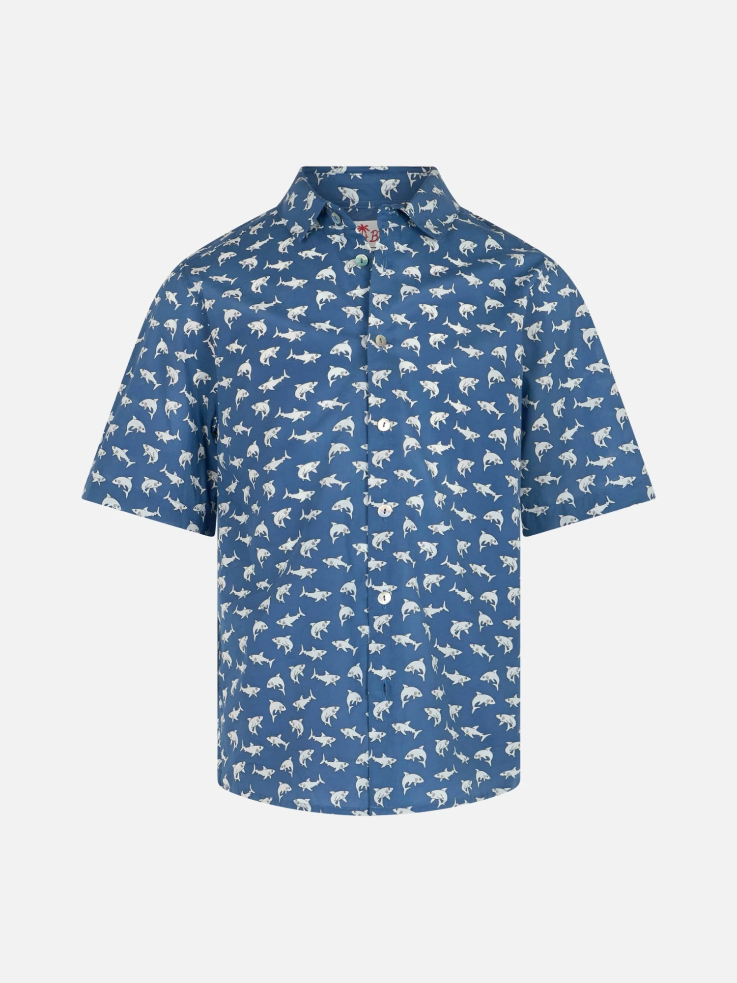 MC2 Saint Barth Blue Boy Muslin Cotton Shirt Sharouk With Shark Print