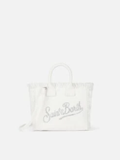 MC2 Saint Barth White Cotton Canvas Mini Vanity Bag With Rhinestone Logo