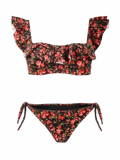 Flower Print Ruffled Bandeau Bikini