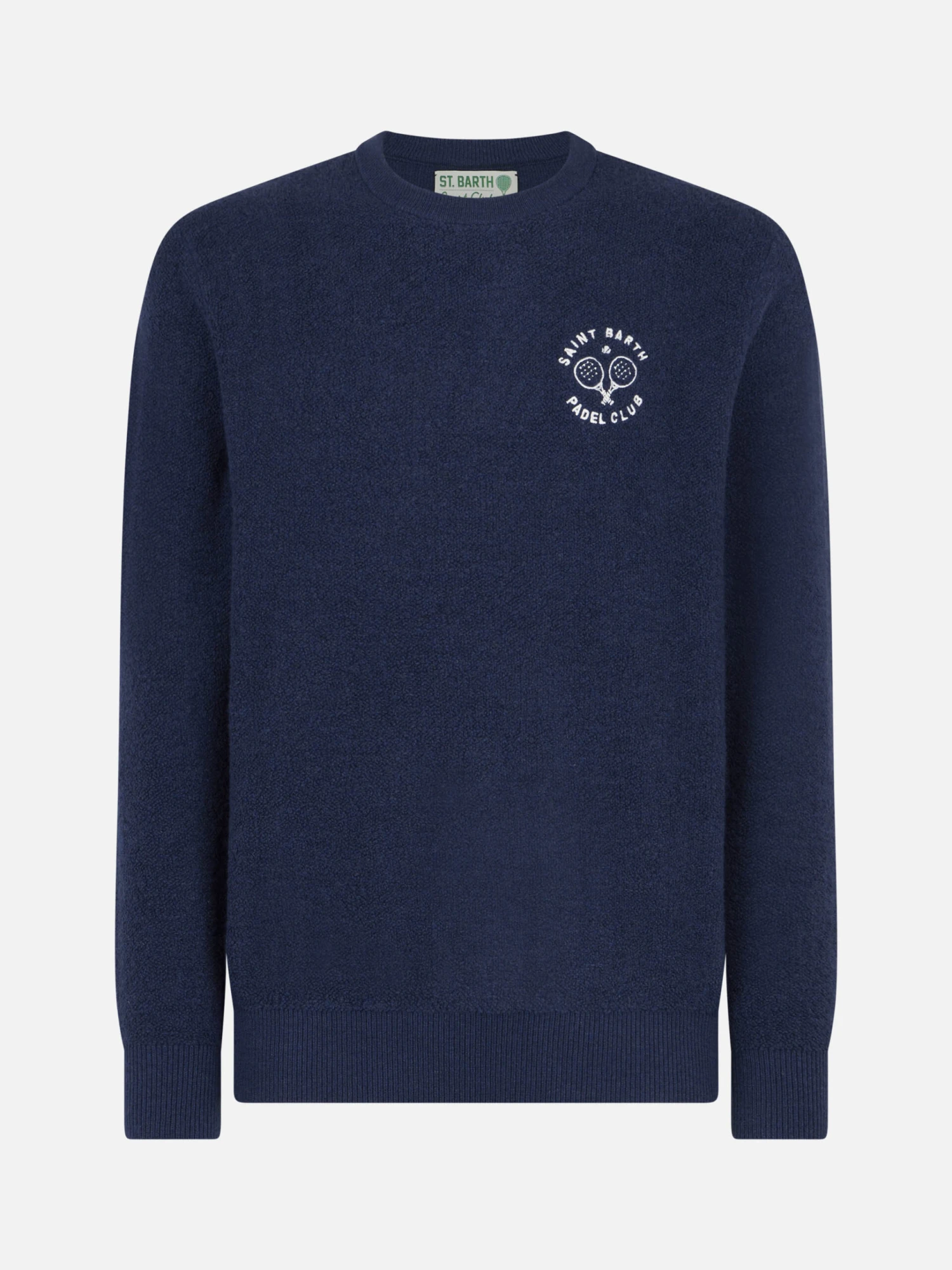 MC2 Saint Barth Man Crewneck Bluette Bouclé Sweater With Saint Barth Padel Club Embroidery 7 MC2 Saint Barth Man Crewneck Bluette Bouclé Sweater With Saint Barth Padel Club Embroidery - Image 5