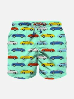 MC2 Saint Barth Boy Light Fabric Swim Shorts With Multicolor Car Print
